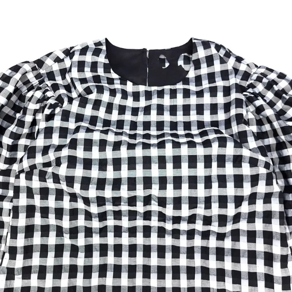 J CREW Puff Sleeve mini dress textured plaid Womens XS Cottagecore Black White